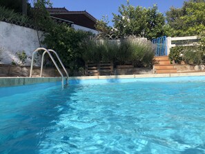 Une piscine d’un bleu éclatant, avec un escalier en métal menant à l’intérieur, entourée de verdure et bordée d’un mur blanc.