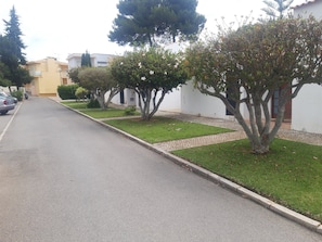 Une rue résidentielle bordée de maisons, avec une chaussée asphaltée et un trottoir.