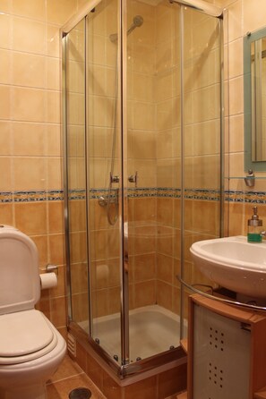 Chuveiro/banheira combinados, secador de cabelo, bidê, toalhas de banho