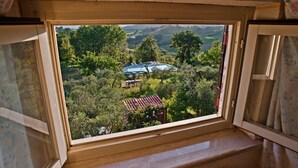 Une fenêtre donnant sur un paysage verdoyant et luxuriant, une piscine et un petit bâtiment.