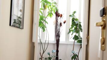 A hallway with a tiled floor, a large window with white frames, and several potted plants.