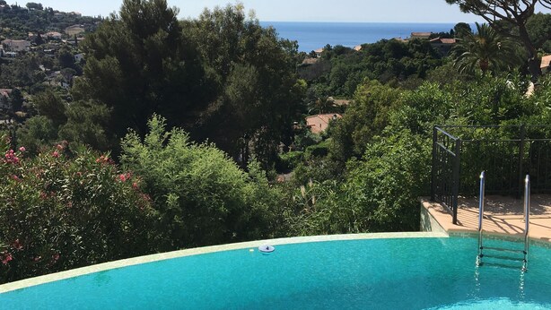 A swimming pool with a view of the sea and surrounding greenery.