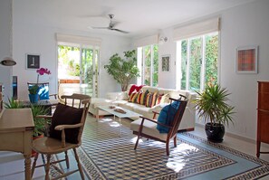 Smart TV, chimenea, libros, estéreo