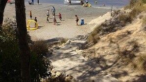Una playa con un velero, gente y barcos en el agua.