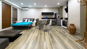 A compact living space with a bed, a sofa, a dining area with a table and chairs, a kitchen area with a fridge and oven, and a TV mounted on the wall. - 3-star vacation rental. Large private balcony. Ocean View—Parking—Beach Access (Cassis)