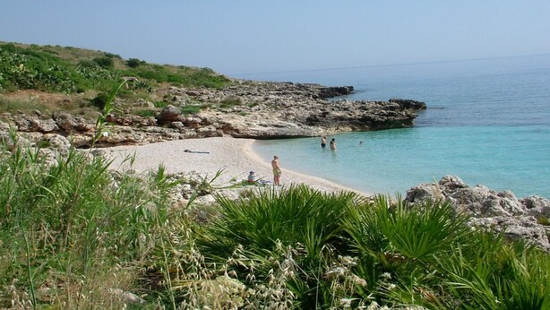 A rocky beach with clear turquoise water, surrounded by greenery and a hilly landscape. -  Villa antico pozzo: pool, spa, sauna, sea view, 15 minutes from Scopello (Castellammare del Golfo)