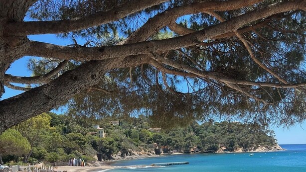 Une plage à l’eau d’un bleu cristallin, une terrasse en bois avec des chaises et une vue sur la côte.