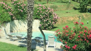 Piscine extérieure, chaises longues