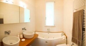 Bañera con ducha, bañera de hidromasaje, secador de pelo, bidet