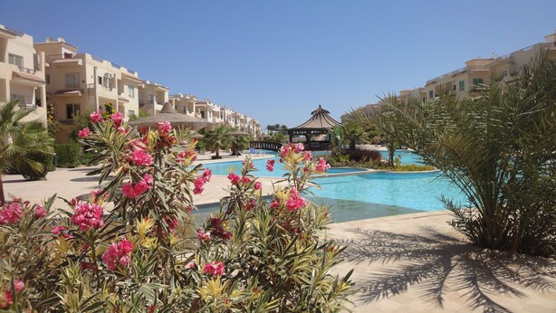 A resort with multiple swimming pools, palm trees, and a gazebo.