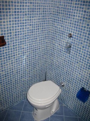 A bathroom with a white toilet, blue tiled walls, and a blue floor. - House / Villa - Marsala (Marsala)