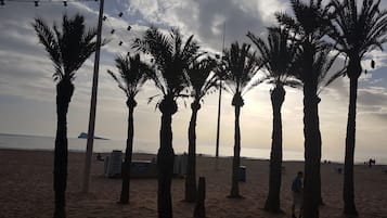 On the beach, sun-loungers, beach towels