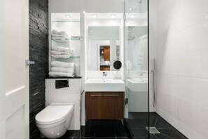 Dusche, Haartrockner, Handtücher, Seife