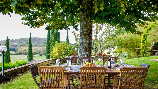 Un área de comedor al aire libre con una mesa y sillas de madera, rodeada de follaje y árboles.