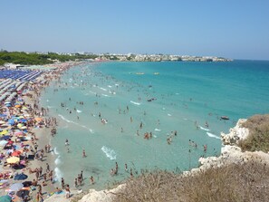Ein überfüllter Strand mit vielen Sonnenschirmen und Menschen, die das Wasser genießen.