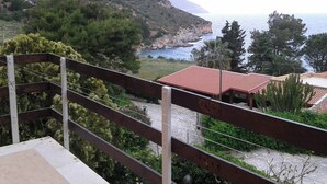 A balcony with a view of a coastal landscape, including a building with a red roof and cacti.