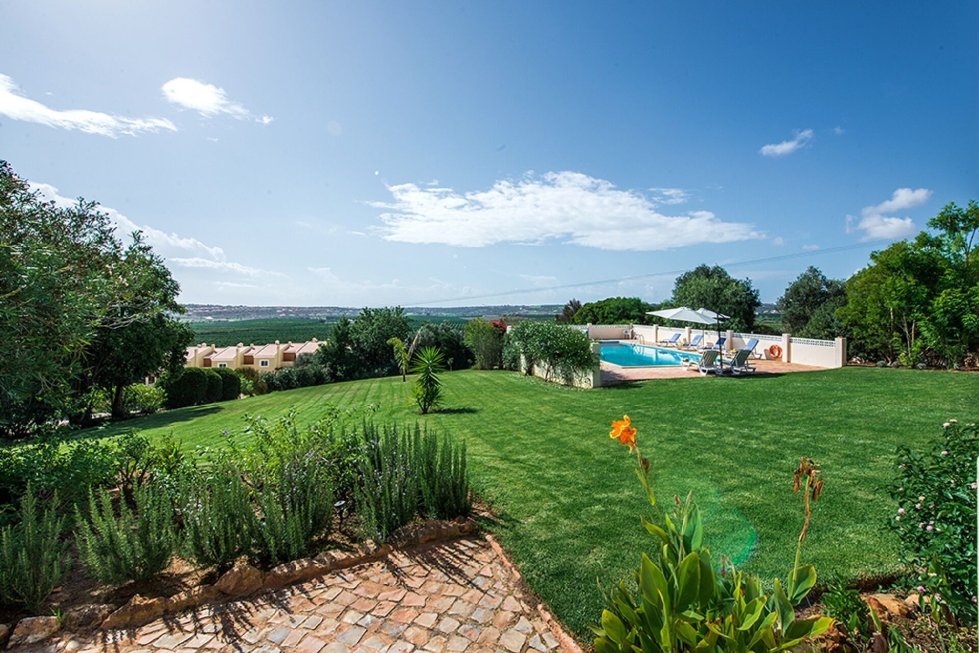 A well-maintained lawn with a swimming pool, surrounded by lush greenery and a clear sky.