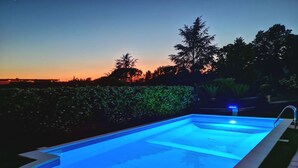 Una piscina rettangolare con illuminazione blu interna, circondata da siepe e alberi.