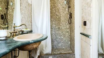Hair dryer, towels, soap, shampoo