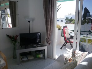 Una Smart TV, un reproductor de DVD, libros, una biblioteca de música