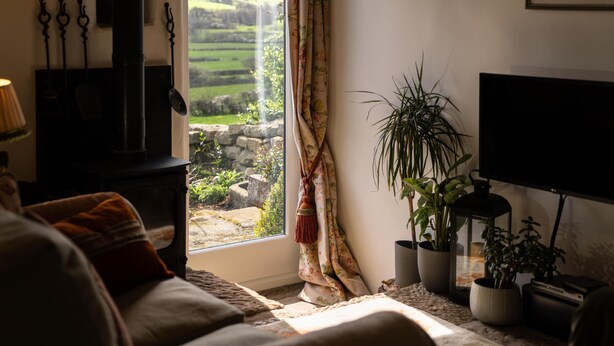 Een gezellige kamer met een open haard, een televisie en een raam met uitzicht op een groen landschap.