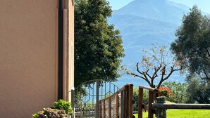 A stone pathway leading to a wooden gate with a view of a mountain in the background.