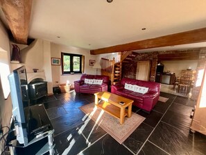 Smart TV, fireplace, DVD player, books