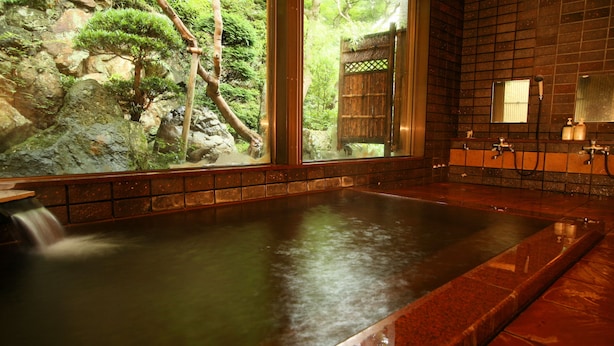 Un jacuzzi con vistas a un jardín rocoso y un portón de madera.
