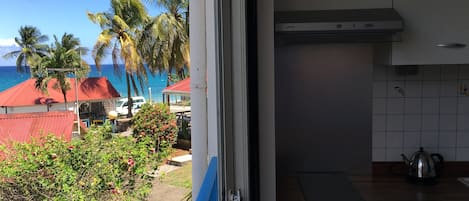 A kitchen with a view of the ocean and palm trees.