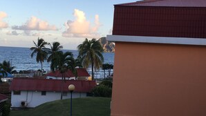 Un bâtiment situé sur la côte, avec un toit rouge, jouxtant une étendue d’eau et bordé de palmiers.