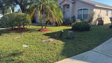 A residential property with a well-maintained lawn, a palm tree, and a house with a beige facade and large windows.