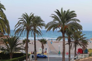 Spiaggia con palme, un segnale di stop e un'auto blu parcheggiata a lato.