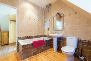 Combined shower/tub, hair dryer, towels, soap