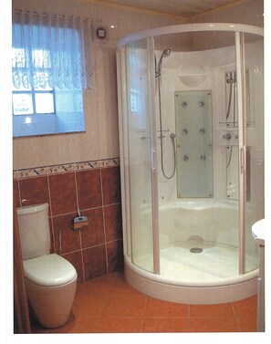 Ducha, secador de pelo, toallas, jabón