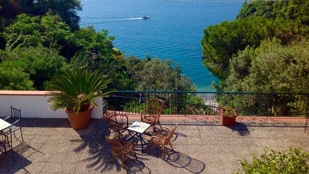 A terrace with wicker furniture and potted plants overlooking a coastal view with boats on the water.