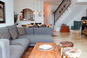 Smart TV, fireplace, books, music library