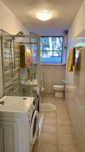Combined shower/bathtub, hair dryer, bidet, toilet paper