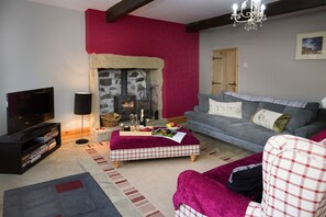 TV, fireplace, DVD player, books