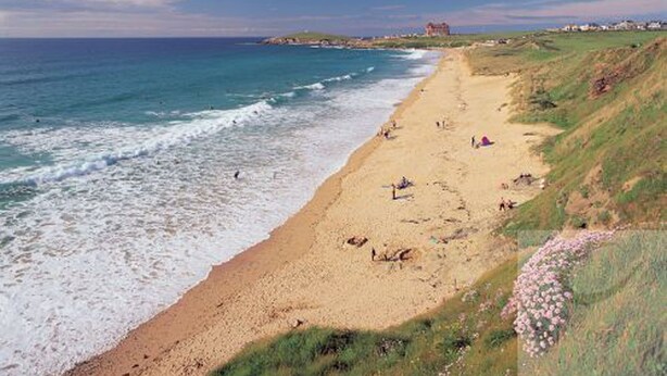 Une plage offrant une vue dégagée sur l’océan, avec un rivage sablonneux et des zones herbeuses.