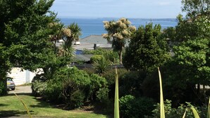 Un quartier résidentiel offrant une vue sur la mer, entouré d’une végétation luxuriante et sous un ciel dégagé.