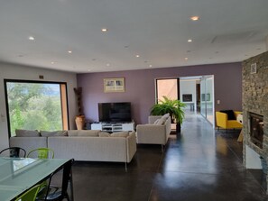 Smart TV, fireplace, video games, DVD player