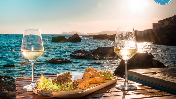 Two glasses of white wine on a wooden table with a seafood platter and a view of the sea and rocky coastline.