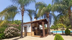 A small, rustic building with a tiled patio, surrounded by palm trees and a pool.