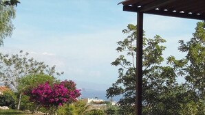 A garden with a pergola, a pink flowering tree, and a view of the sea. - Chalet with pool in Candelaria (Candelaria)