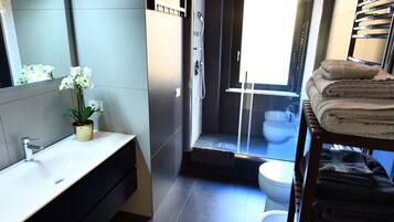 Duschwanne, Haartrockner, Bidet, Handtücher