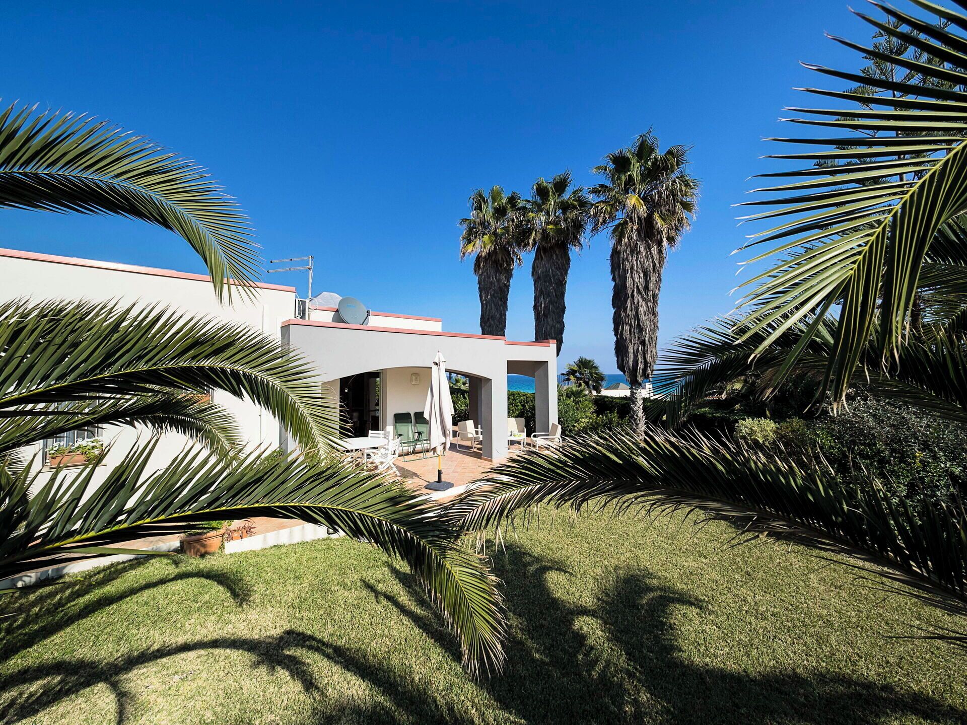 A modern building with a patio area, surrounded by palm trees and a clear blue sky.