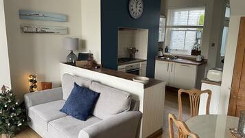 Smart TV, fireplace, DVD player, books