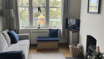 Smart TV, caminetto, lettore DVD, libri