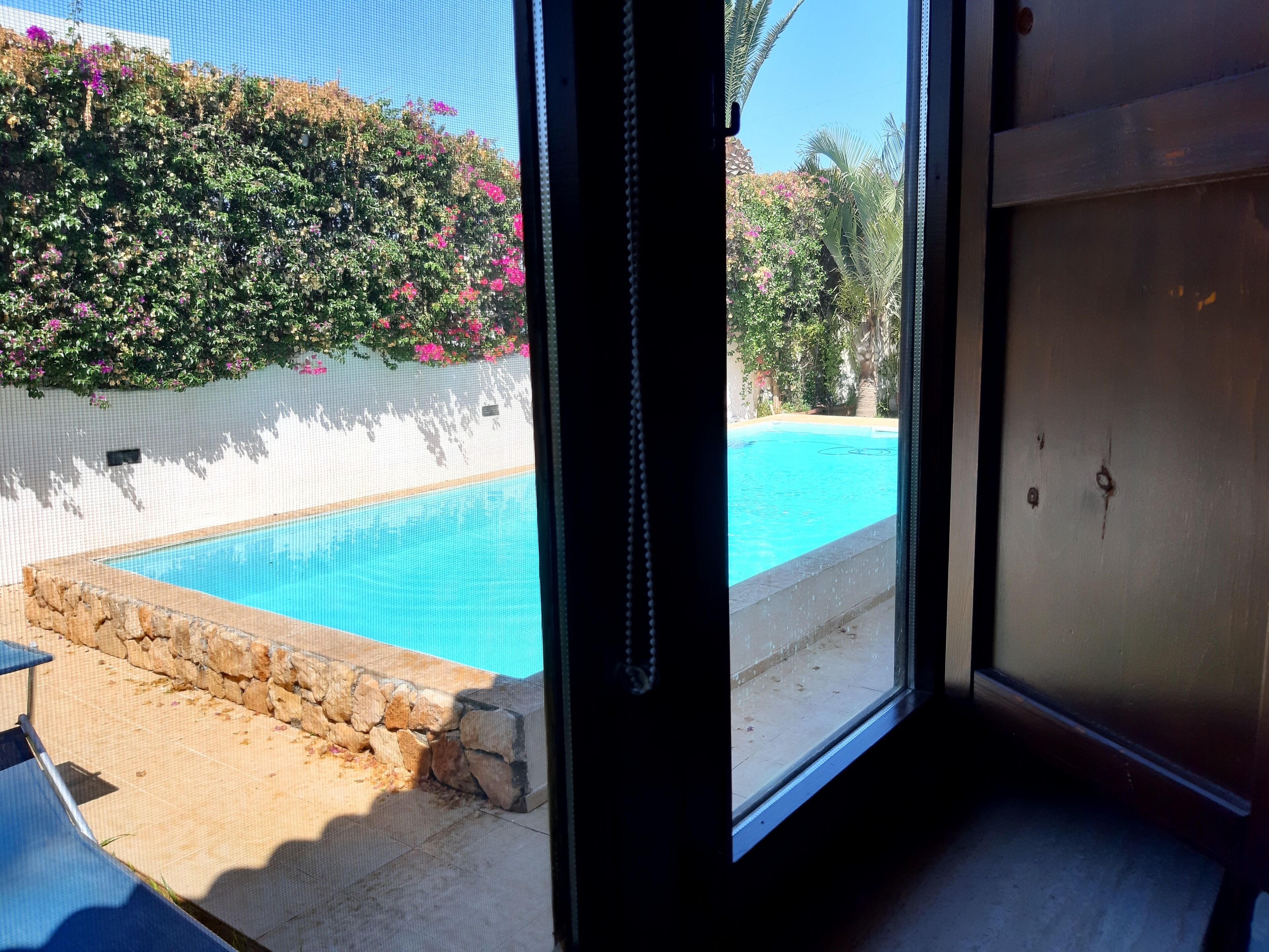 Vista de uma piscina com muro de pedra e sebe florida em tons de rosa.