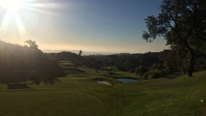 A golf course with a clear sky, a large tree, and a distant building. - Golf, Tennis, Paddle Tennis, Gym, 4 pools including heated, (Ojen)